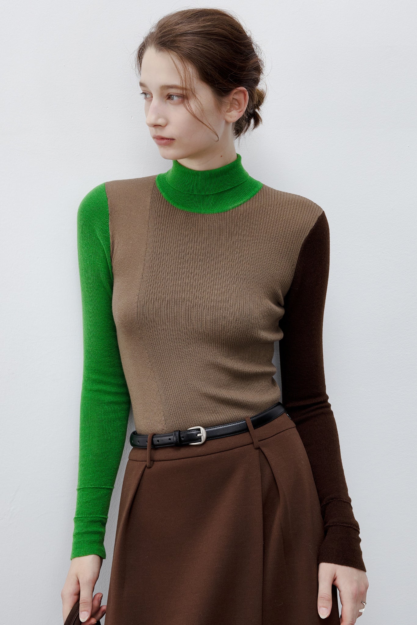 [tageechita] Bicolor high neck wool knit tops