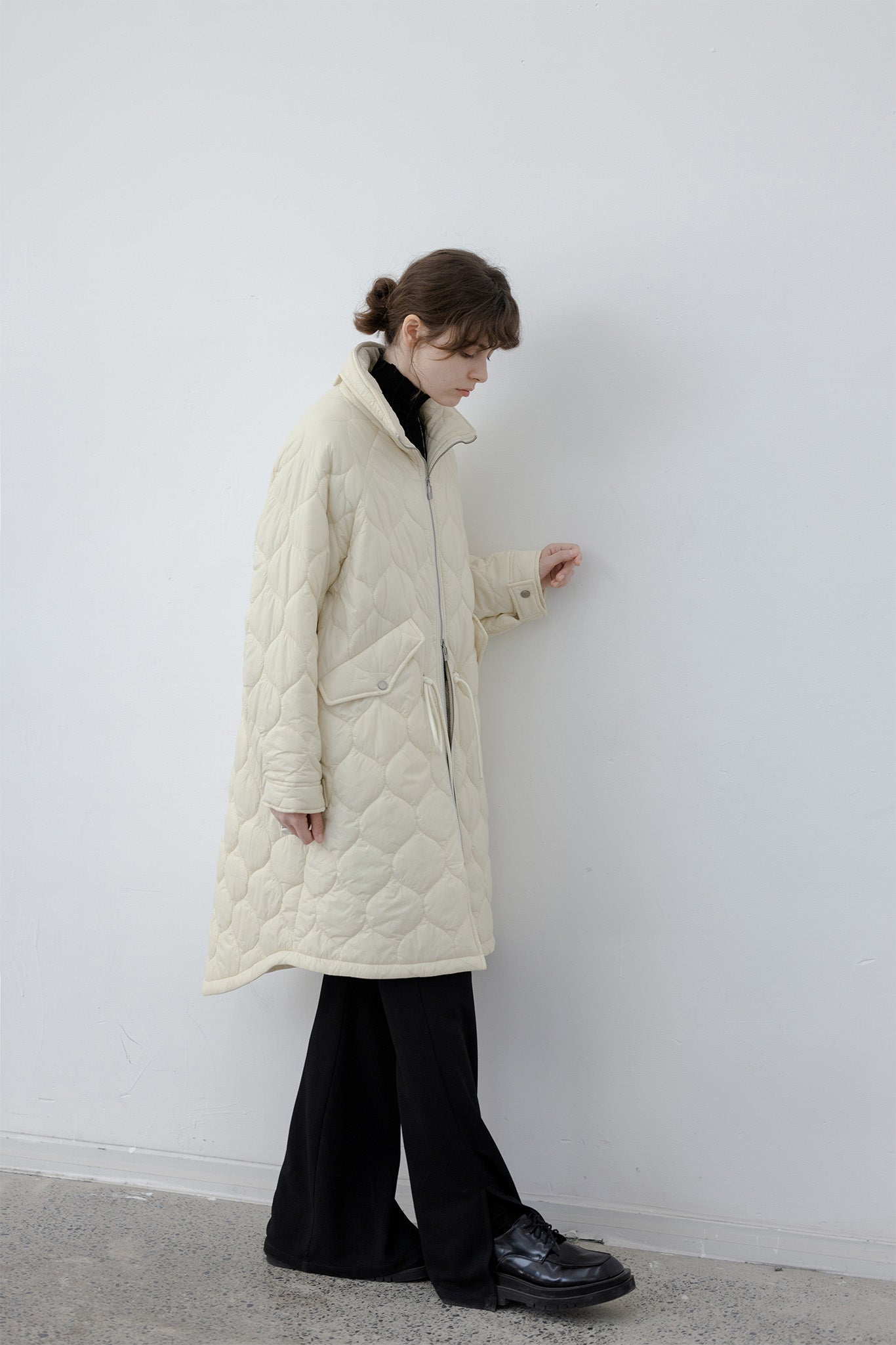 Irregular hem oversized volume quilted long coat 
