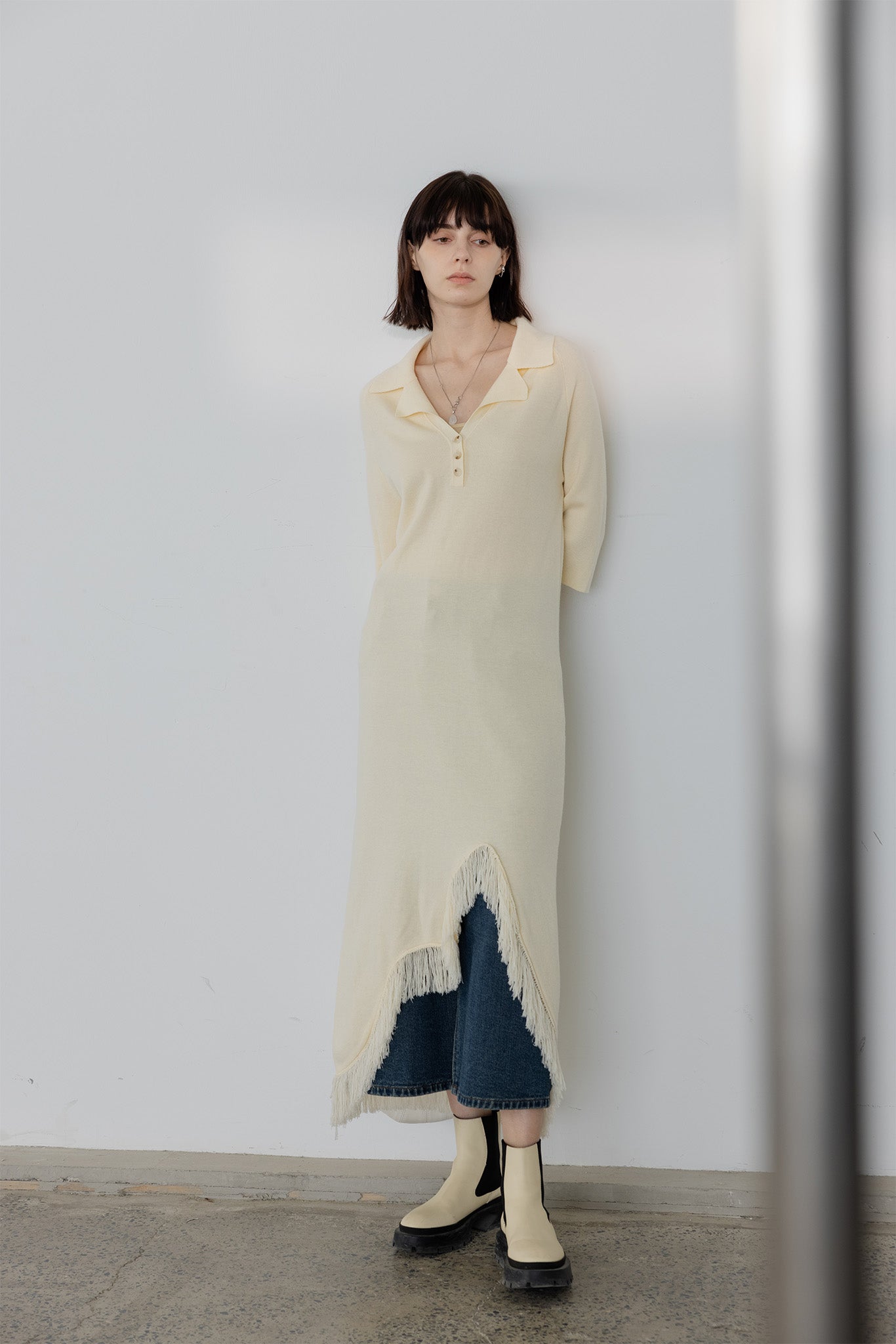 Knit fringe long narrow tight dress 