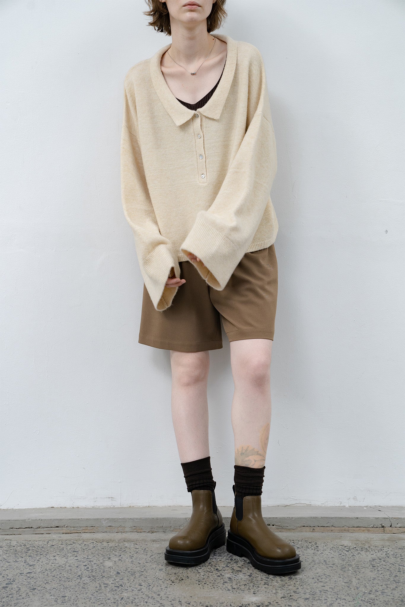 Loose silhouette polo shirt knit pullover 